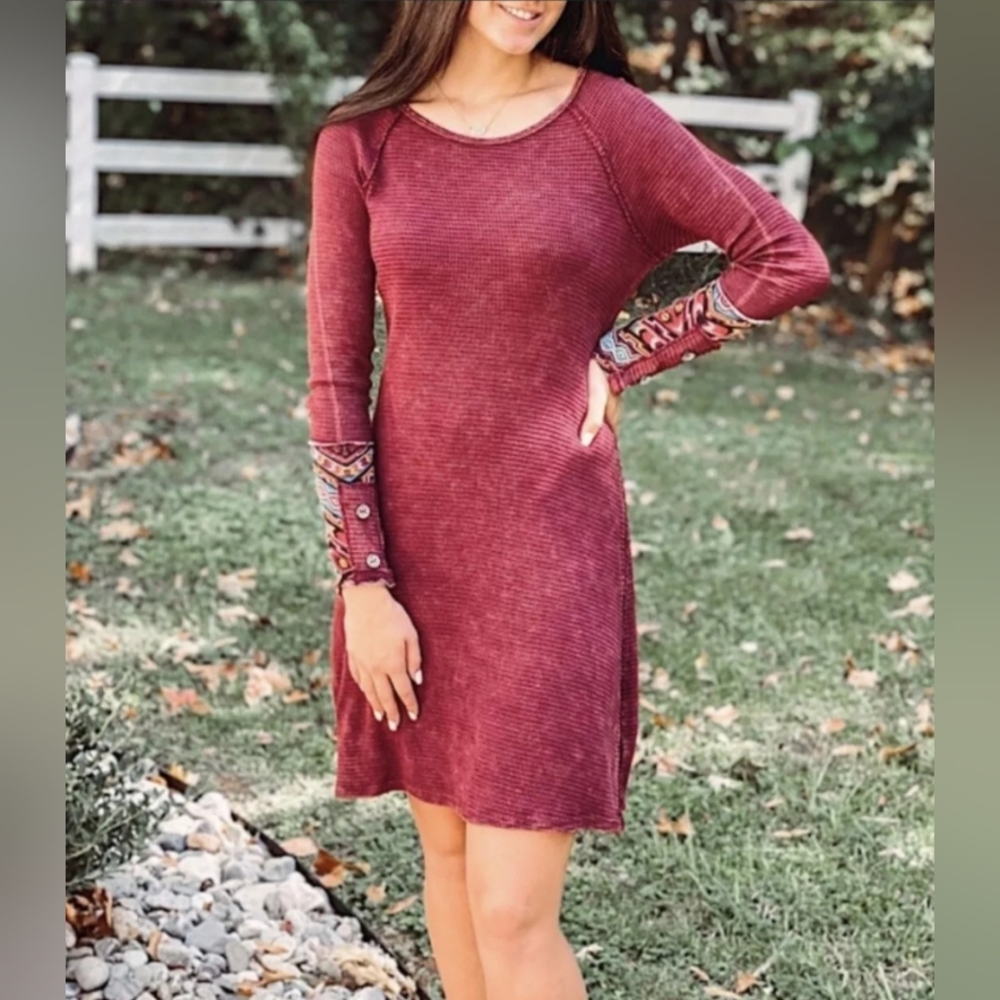Hailey&Co Waffle Knit Washed Boho Burgundy Red Long Sleeve Mini Dress Size XL